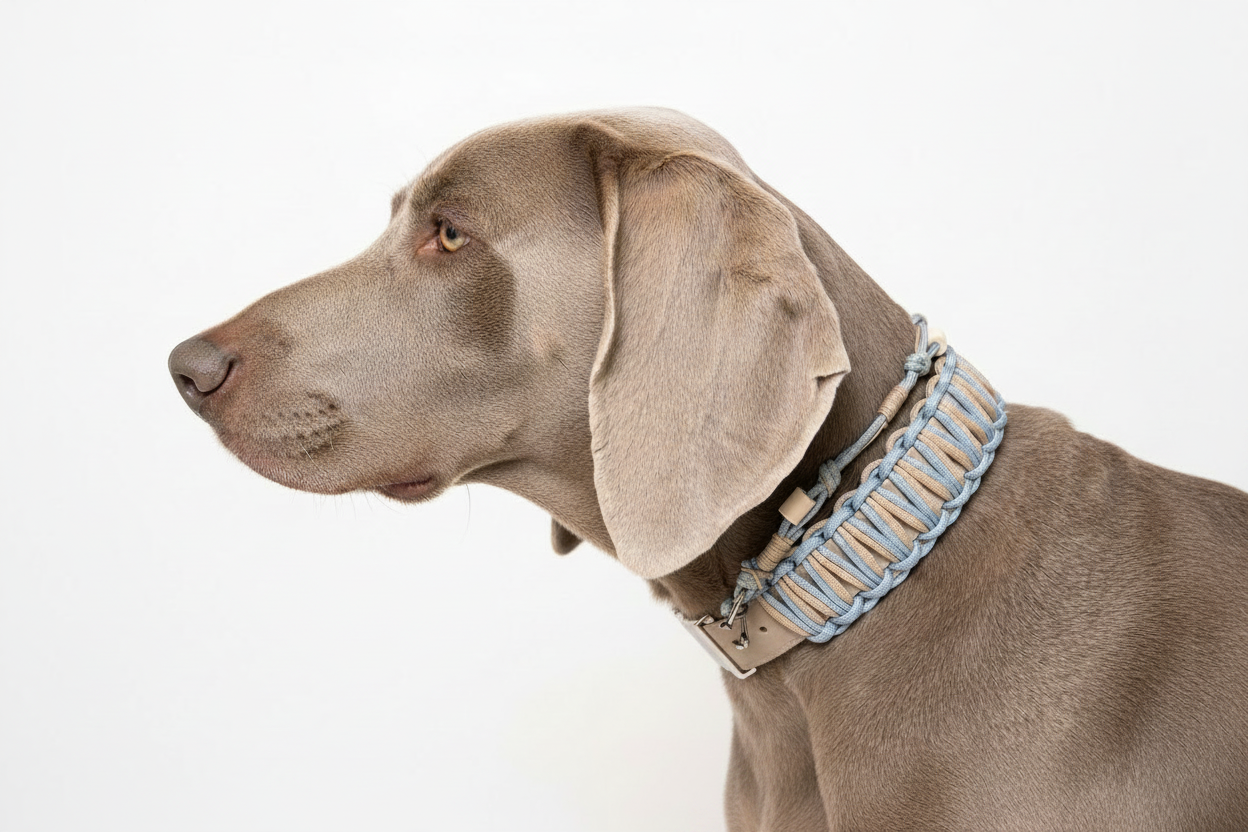 Weimaraner mit Iceblau-Beige Halsband ohne Kette