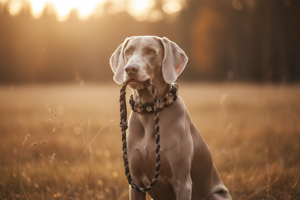 Weimaraner mit Les Fleurs Set in natürlicher Umgebung